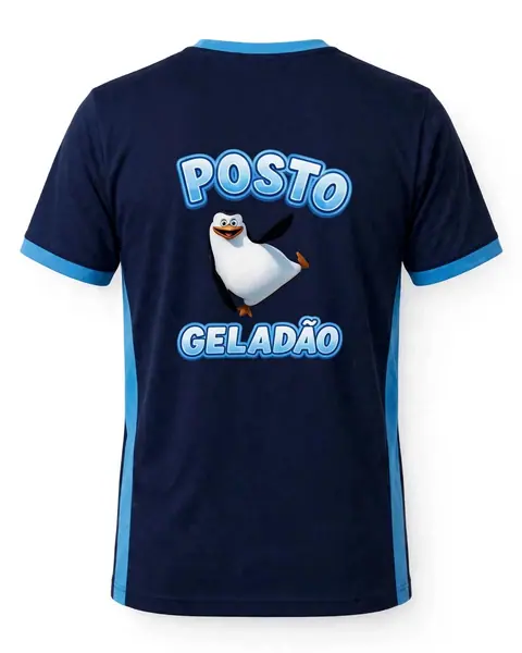 Arte das costas da camiseta marinho do Posto Geladão, com o pinguim