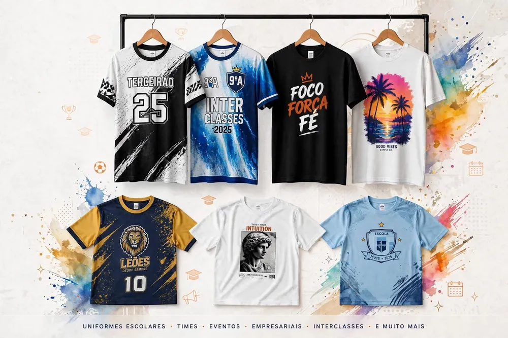 Sete camisetas penduradas em um cabide: uniformes de turma e de time, estampas em preto, azul, amarelo e branco, com respingos de tinta ao fundo